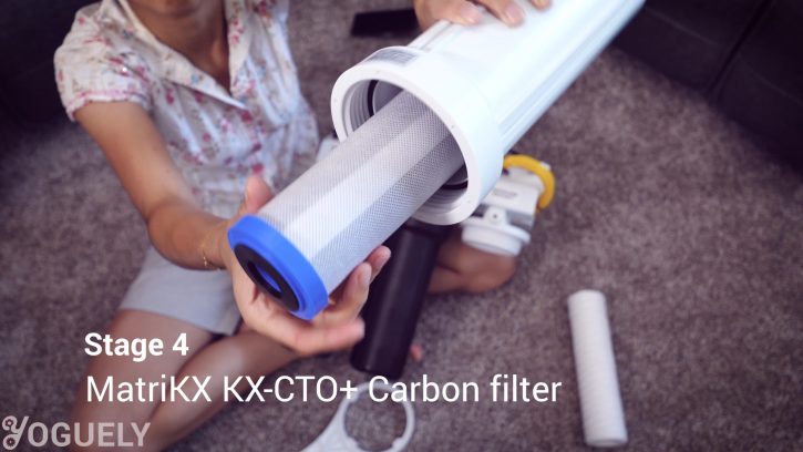 The fourth stage is a postfilter containing a MatriKX KX-CTO+ carbon block post-filter, which requires annual replacement.