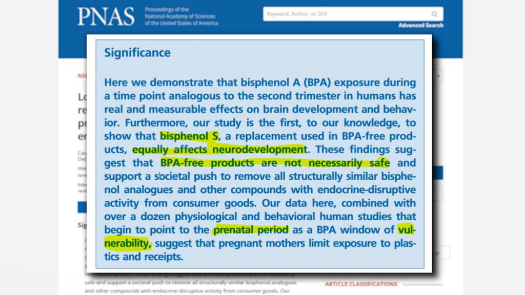 Yoguely discusses article quote "... bisphenol S, a replacement used in BPA-free products, equally affects neurodevelopment. These findings suggest that BPA-free products are not necessarily safe..." 