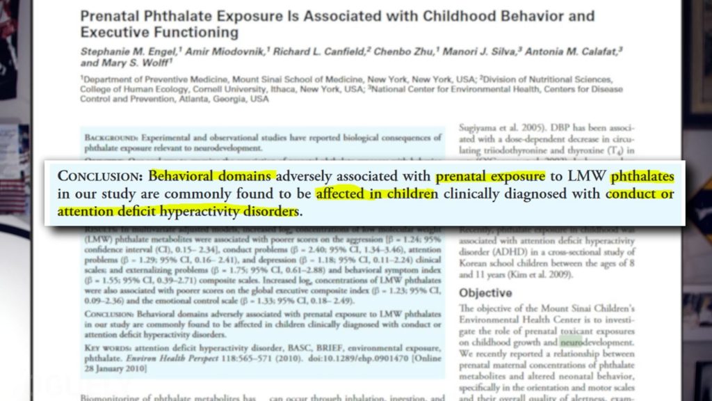Yoguely discusses article quote "Behavioral domains adversely associated with prenatal exposure to LMW phthalates in our study are commonly found to be affected in children clinically diagnosed with conduct or attention deficit hyperactivity disorders."  