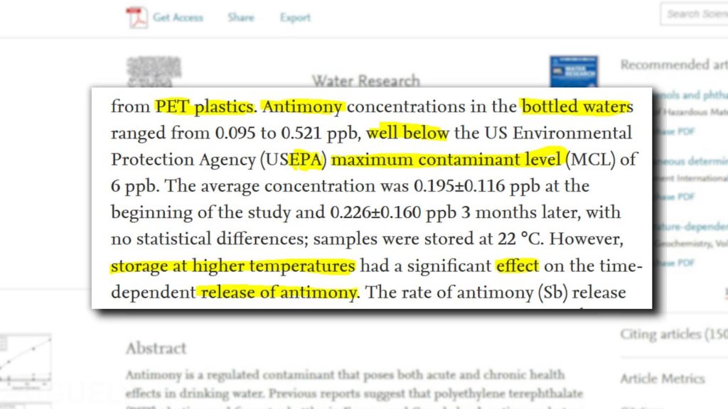 Yoguely discusses article quote "Antimony concentrations in the bottled waters ranged ... well below the US environmental Protection Agency (USEPA) maximum contaminant level (MCL) of 6 ppb." 