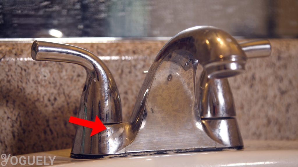 Limescale on sink faucet remains after tap water has dried up. Tap water with high TDS levels are classified as hard water and leave hard water spots behind. Spots are white and chaulky consisting of the minerals that were dissolved in the water.