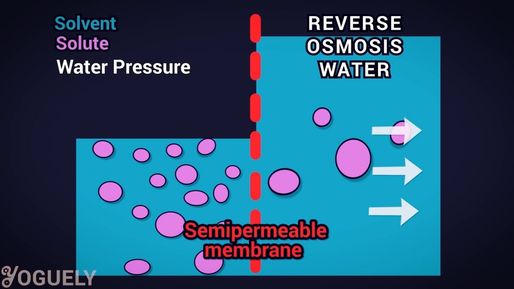 Apply water pressure in the reverse direction and you can overcome the natural tendency of osmosis. Push the solvent water from a place of high solute concentration to an area of low solute concentration. Now you've done reverse osmosis. It’s the principle behind how the RO system works.