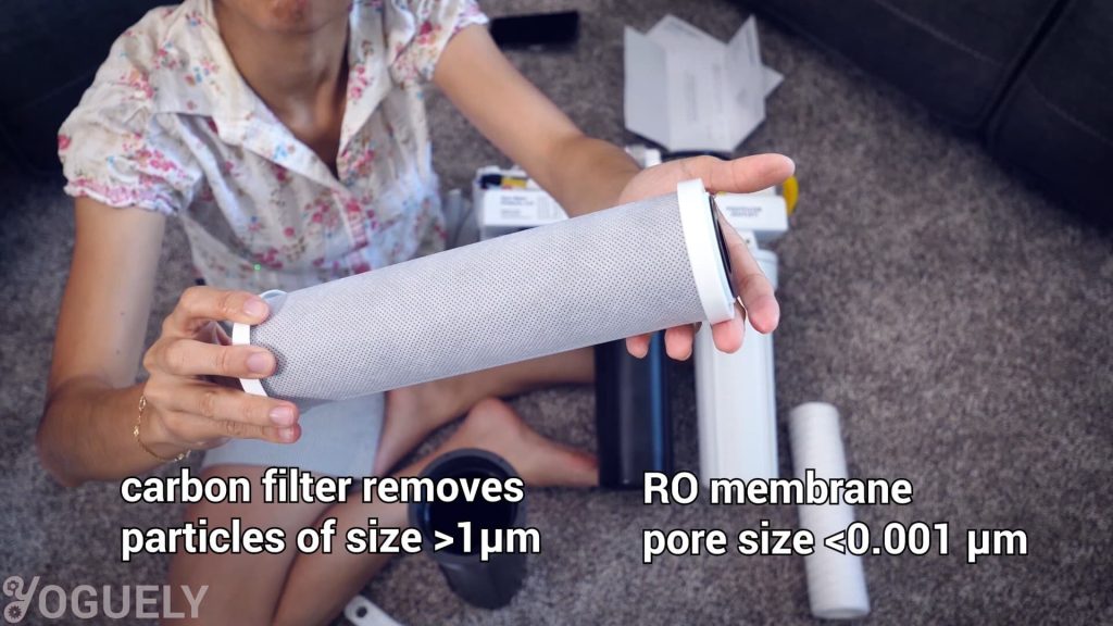 Carbon filters can have a nominal pore size of 1 micron. That is 1000 times bigger than a RO membrane. This makes carbon filters a good fit to have as a pre-filter.