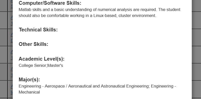 NASA internship listing requirements of: computer/software skills, technical skills, academic levels, and majors.