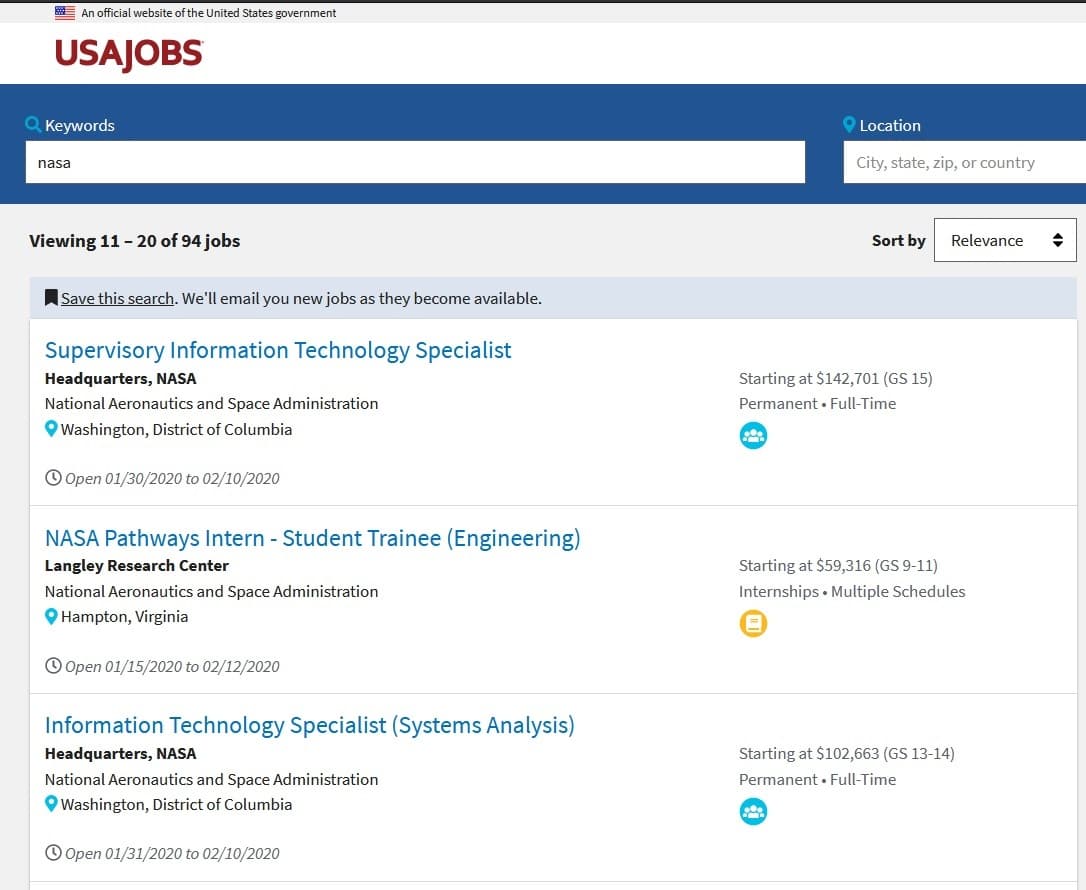 NASA job listings on USAjobs.gov. Including the NASA Pathways program.