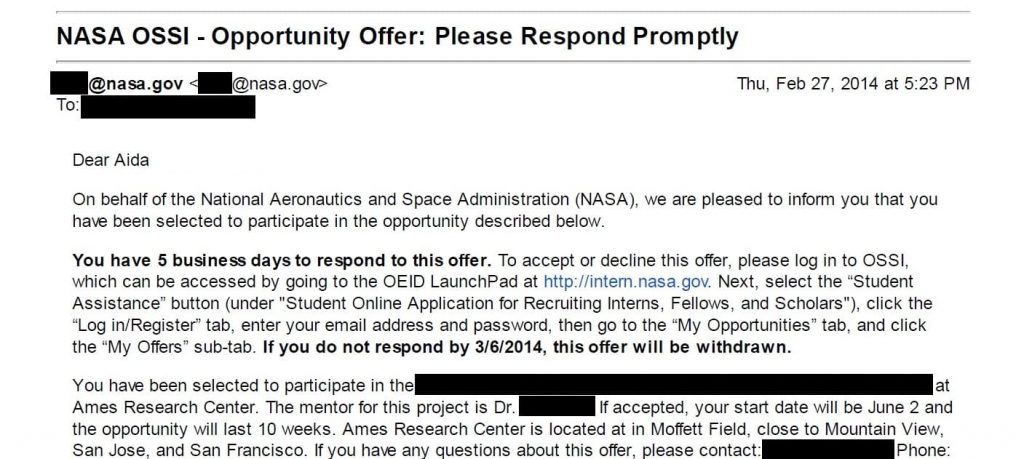 Aida Yoguely offer letter for a NASA internship at Ames Research Center.