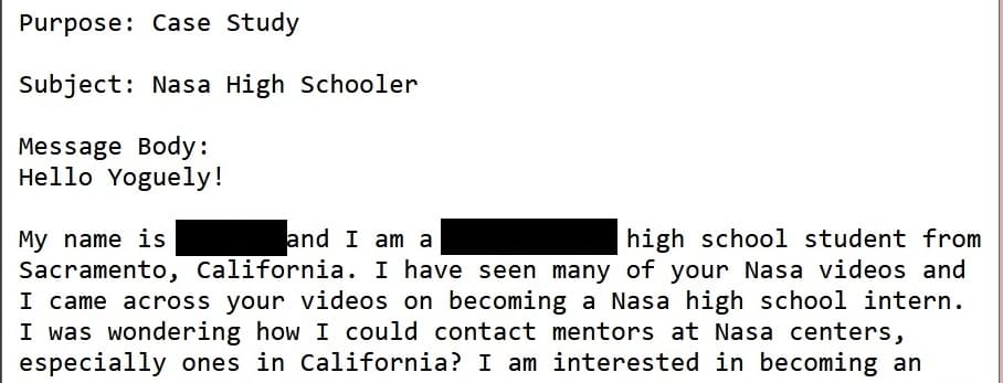 Email sent to Yoguely requesting a case study on how to contact NASA: “I was wondering how I could contact mentors at Nasa centers, especially ones in California?”