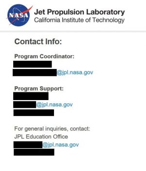 The NASA Jet Propulsion Laboratory’s (JPL) site displays the contact info for their internship program coordinator.