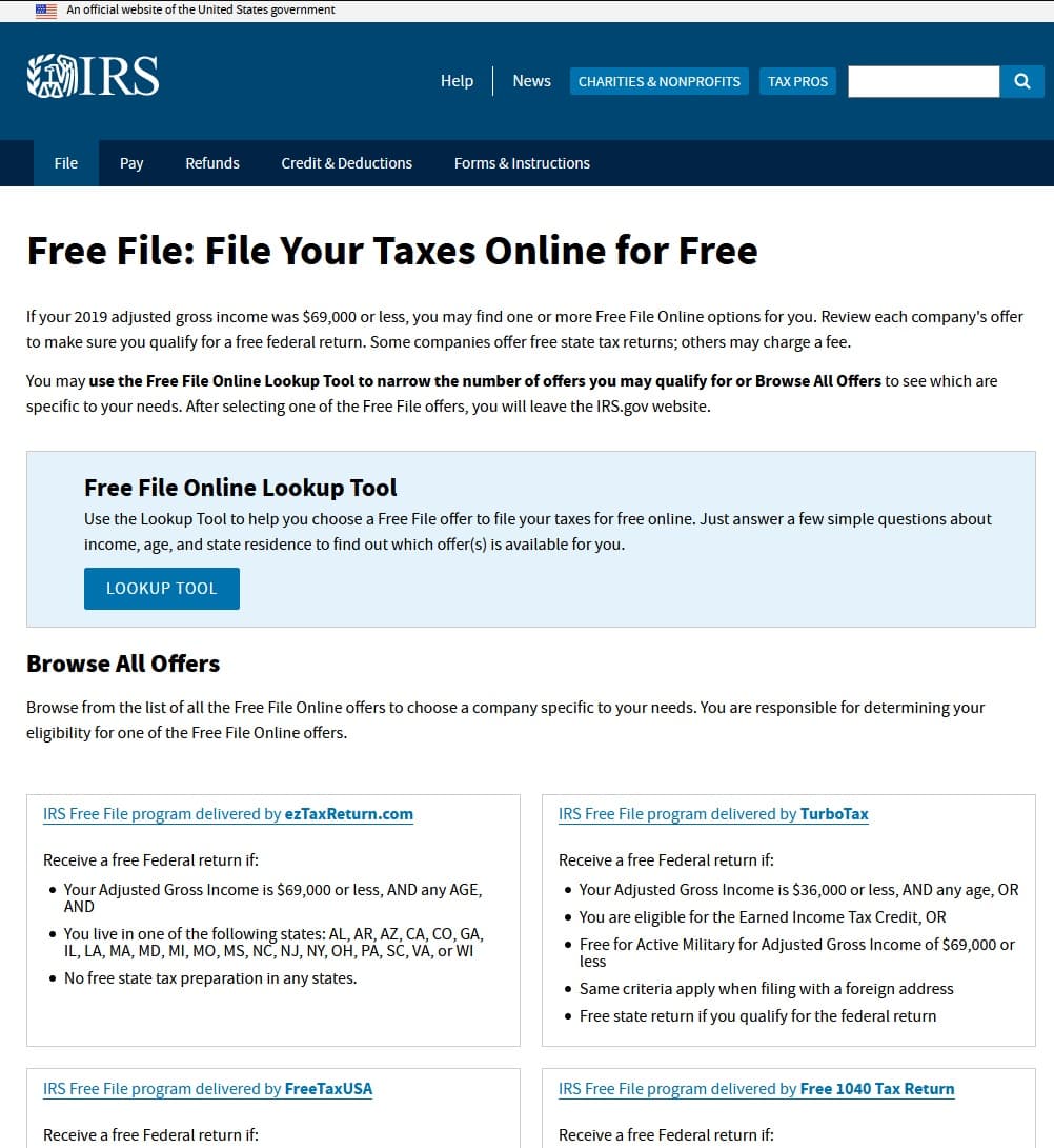 IRS Free File page shows online options for free federal and, in some cases, free state return.