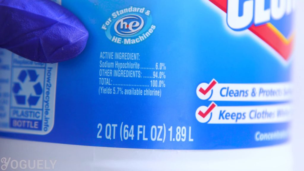 Bleach is commonly diluted with water or other filler ingredients to a concentration of about 6.0% sodium hypochlorite (NAClO). 