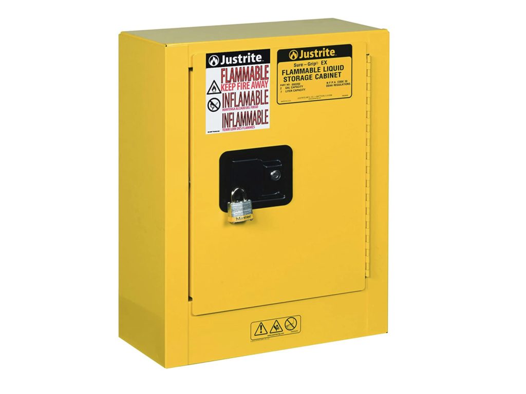 Store alcohol in a fire rated chemical storage cabinet.