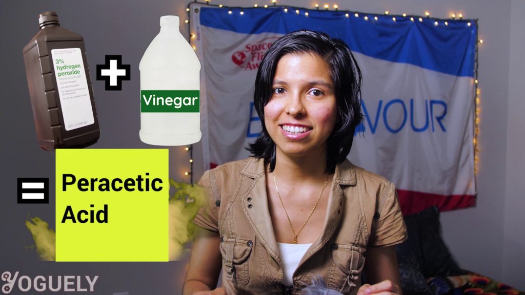 Remember to never mix hydrogen peroxide with vinegar since it forms peracetic acid which is highly corrosive.