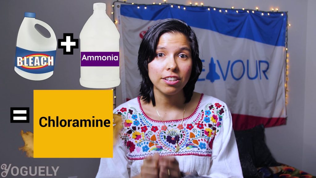 Never mix bleach with ammonia. Since, it forms toxic chloramine vapors which are a respiratory irritant.